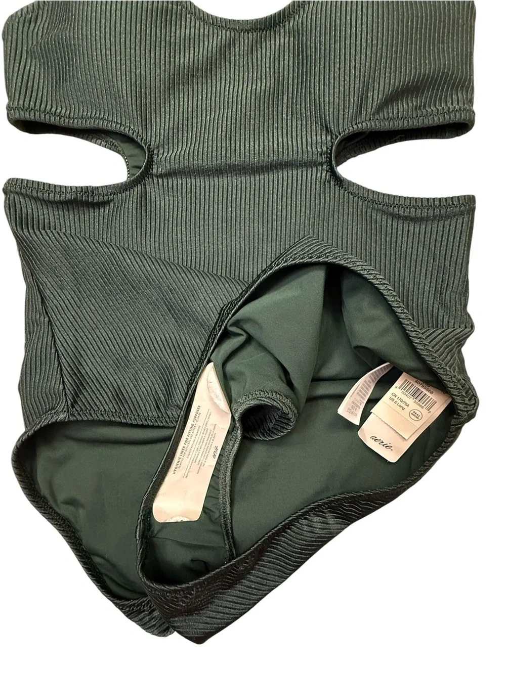 NWT Aerie Shine Rib Voop Cheeky CutOut One Piece Swimsuit Green Sycamore S(long)